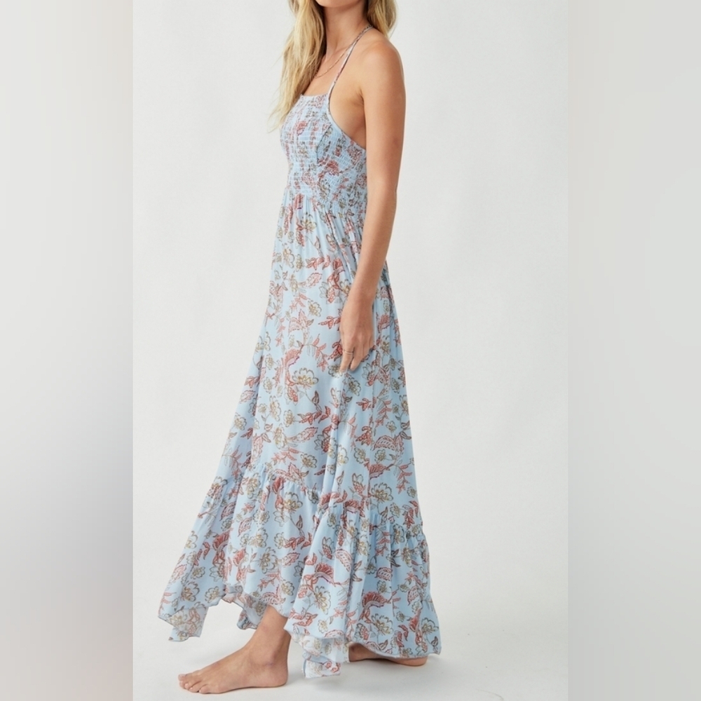 Free People Heat Wave Floral Print High/Low Dress in Robins Egg Combo S fairy - Picture 2 of 8